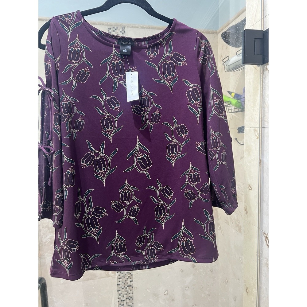 Ann Taylor Women Plum Purple Floral Boat Neck Split Tie 3/4 Sleeve Blouse Small